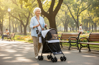 Dame âgée promenant son Chihuahua dans la poussette