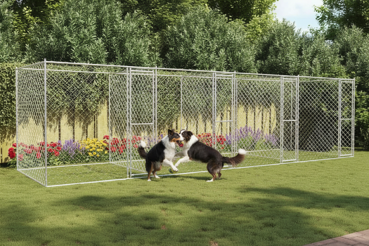 Deux Border Collies devant la niche en acier galvanisé