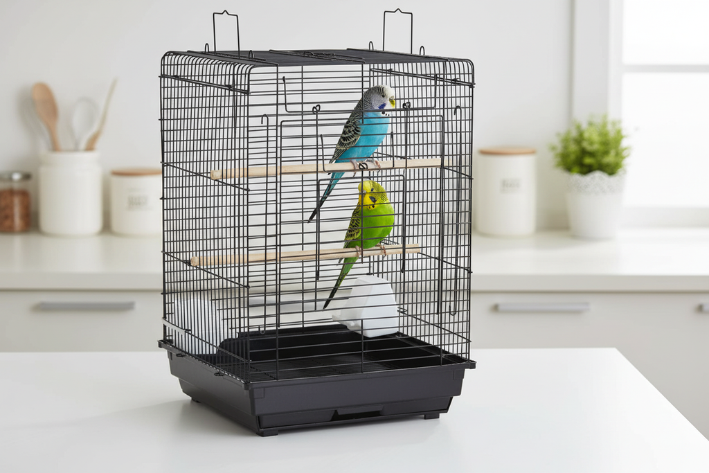 Deux perruches installées dans la cage à oiseaux à toit ouvrant