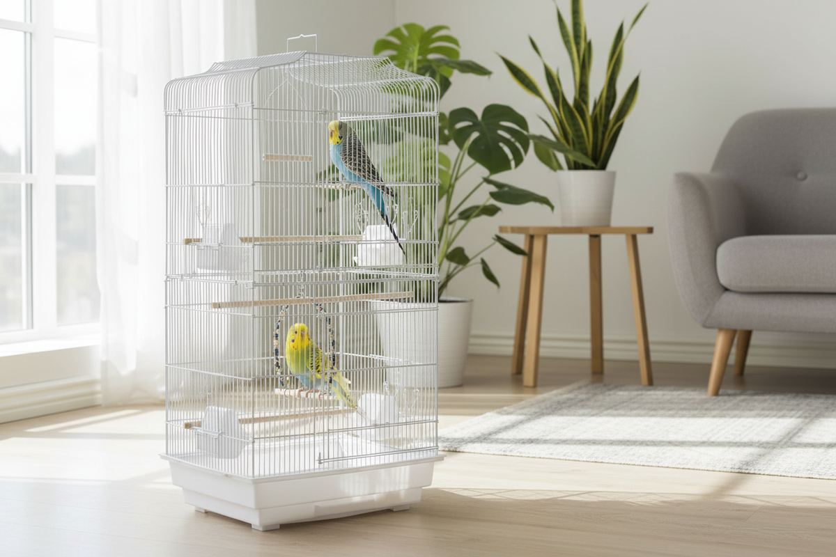 Deux perruches installées dans la cage à oiseaux en métal