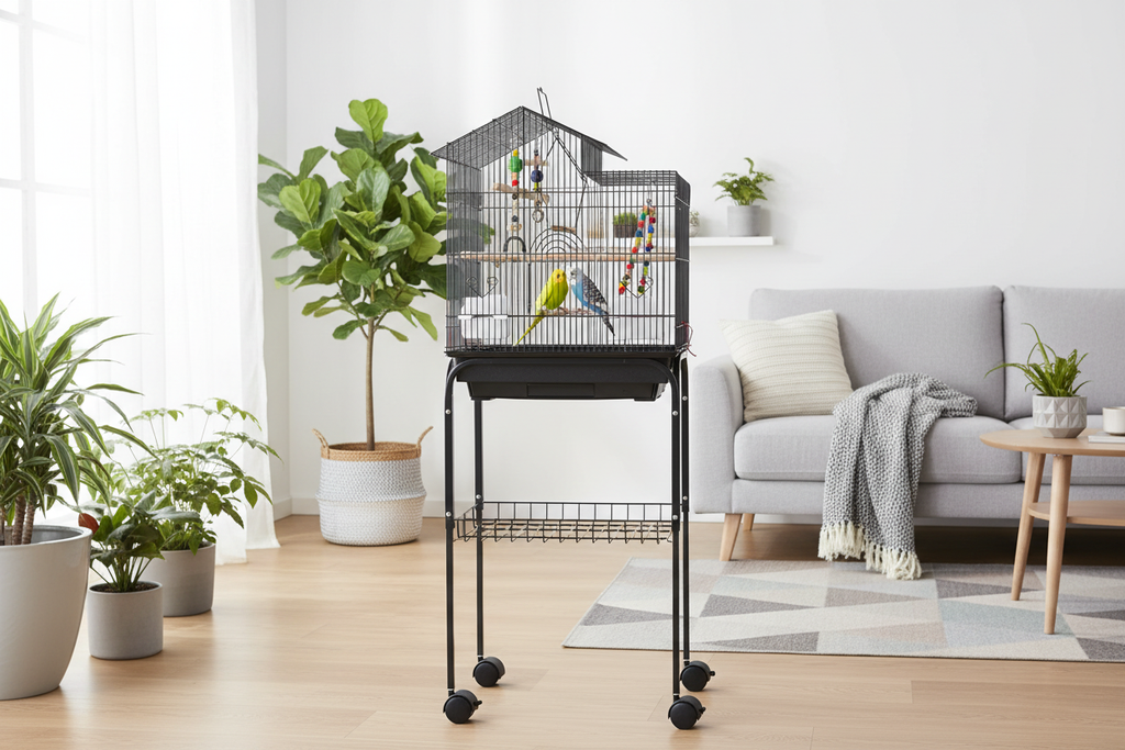 Deux perruches dans la cage posée sur son support à roulettes