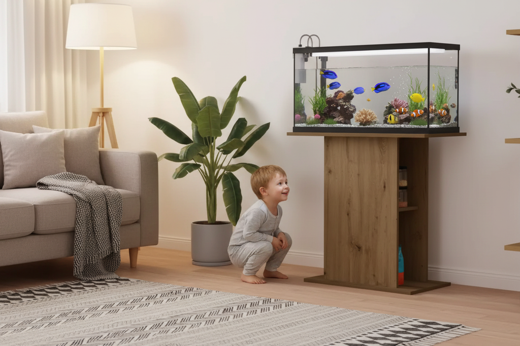 Enfant observant les poissons sur le meuble d'aquarium