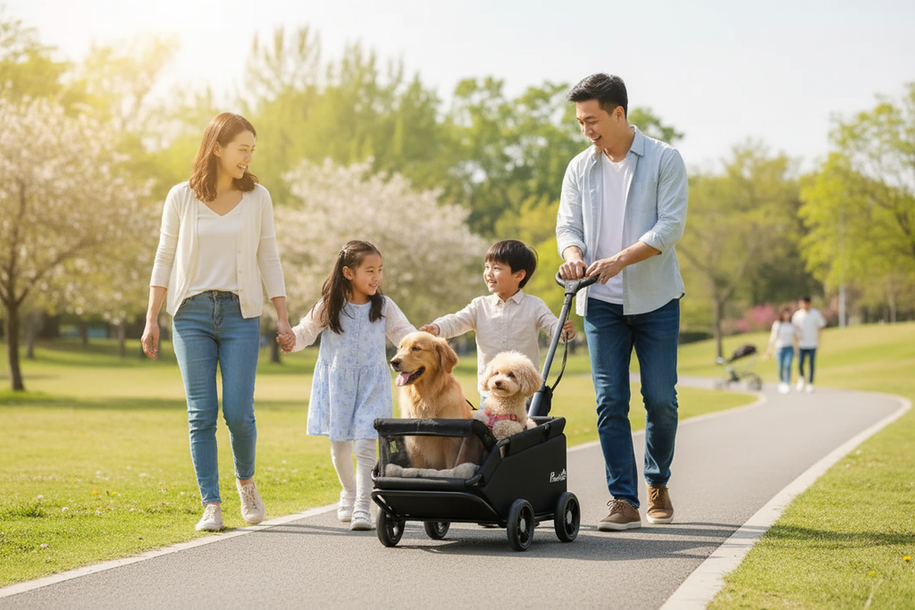 Famille promenant ses chiens dans le chariot de balade