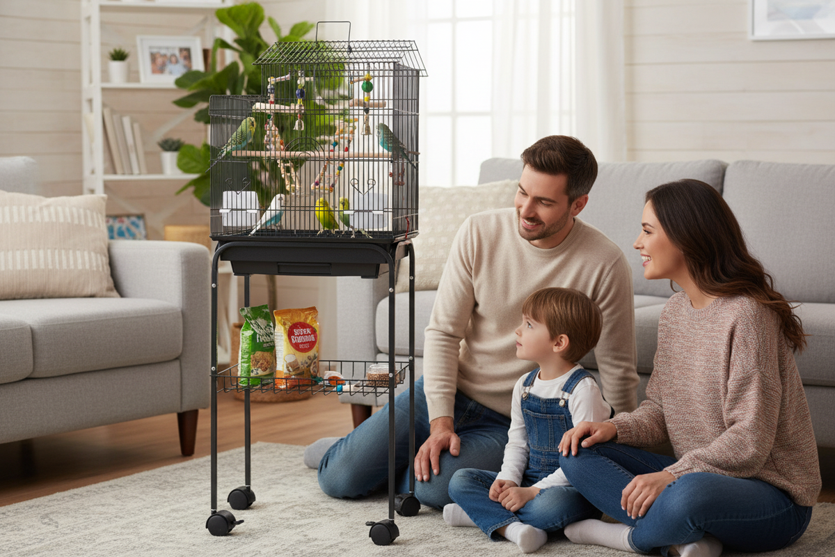 Famille installant la cage à oiseaux sur son support à roulettes