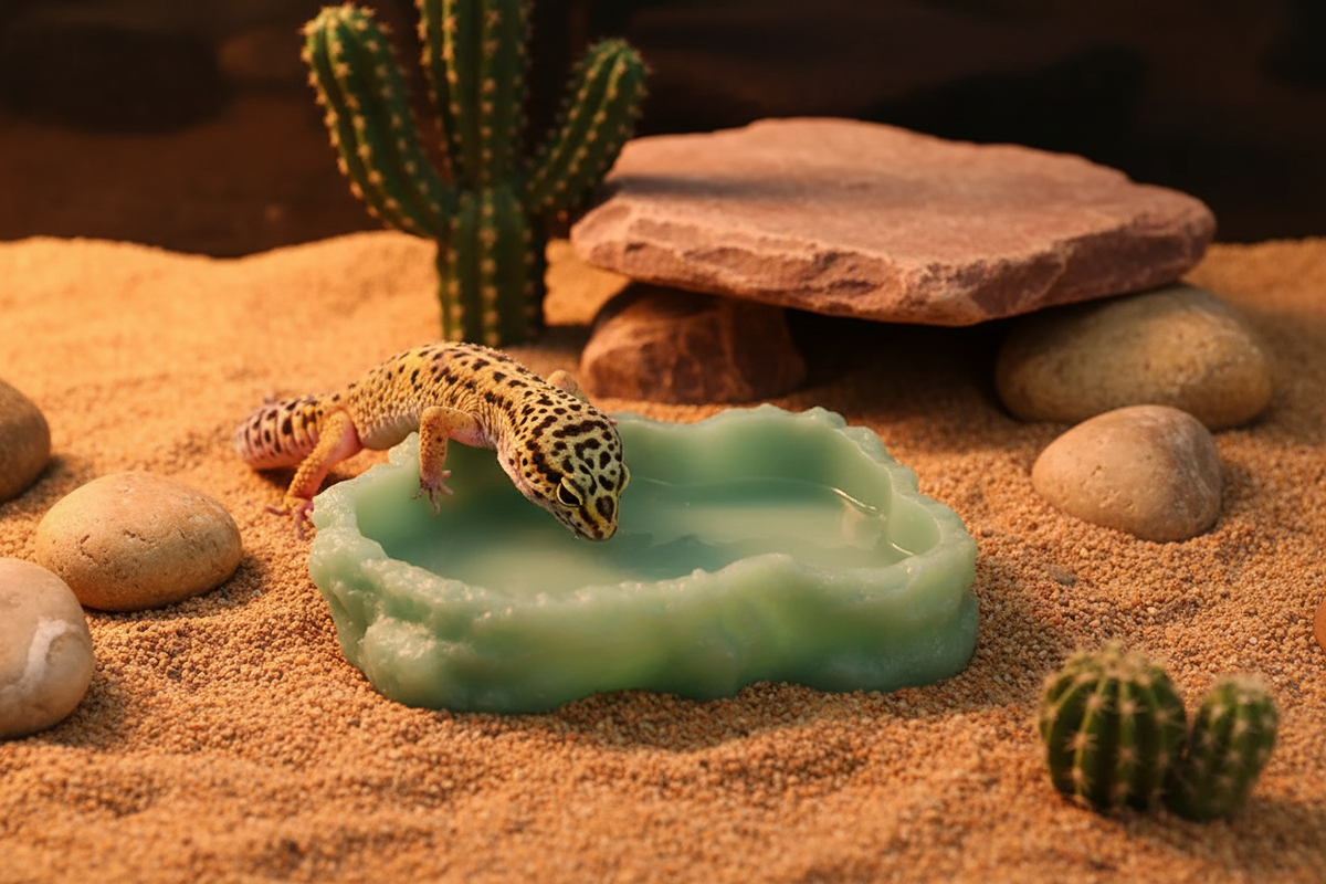 Gecko léopard près de la gamelle décorative effet pierre