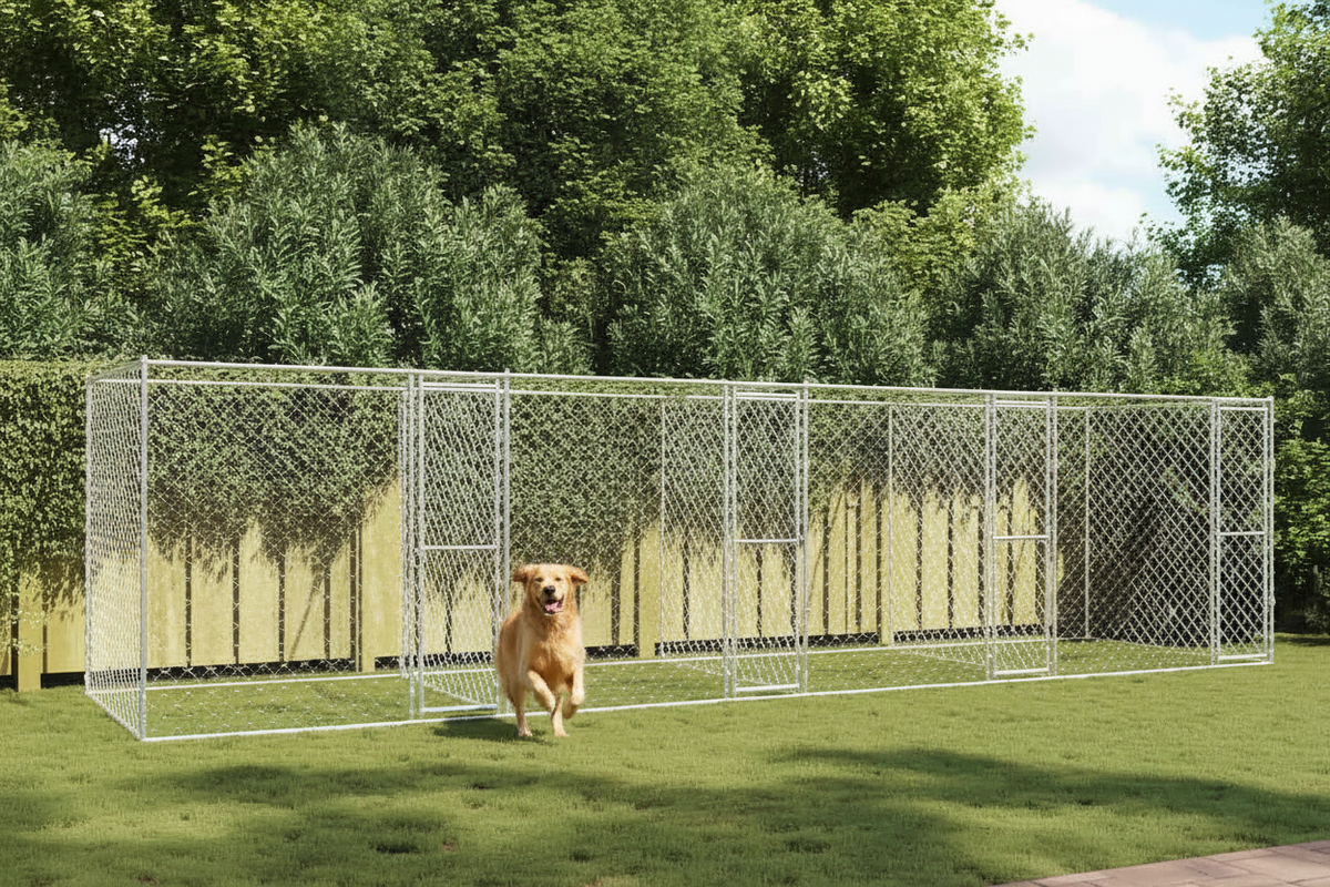 Golden Retriever près de la niche en acier galvanisé