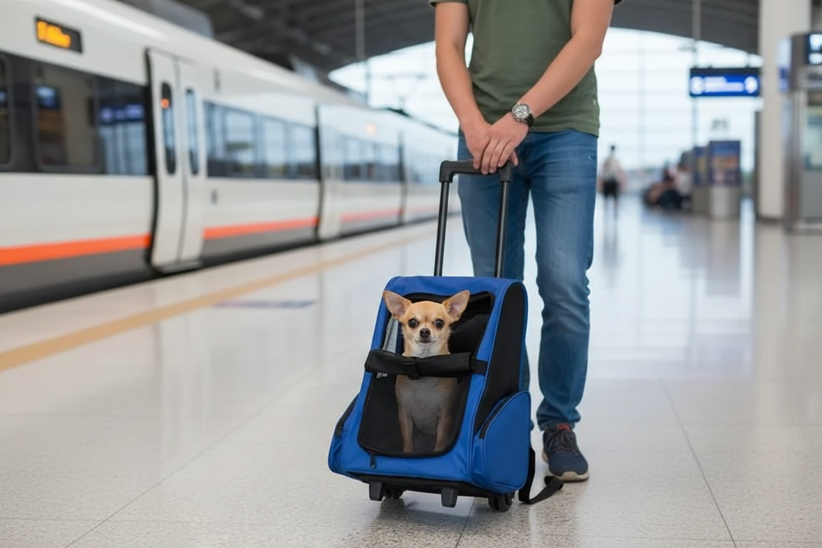 Homme utilisant le sac de transport à roulettes en gare