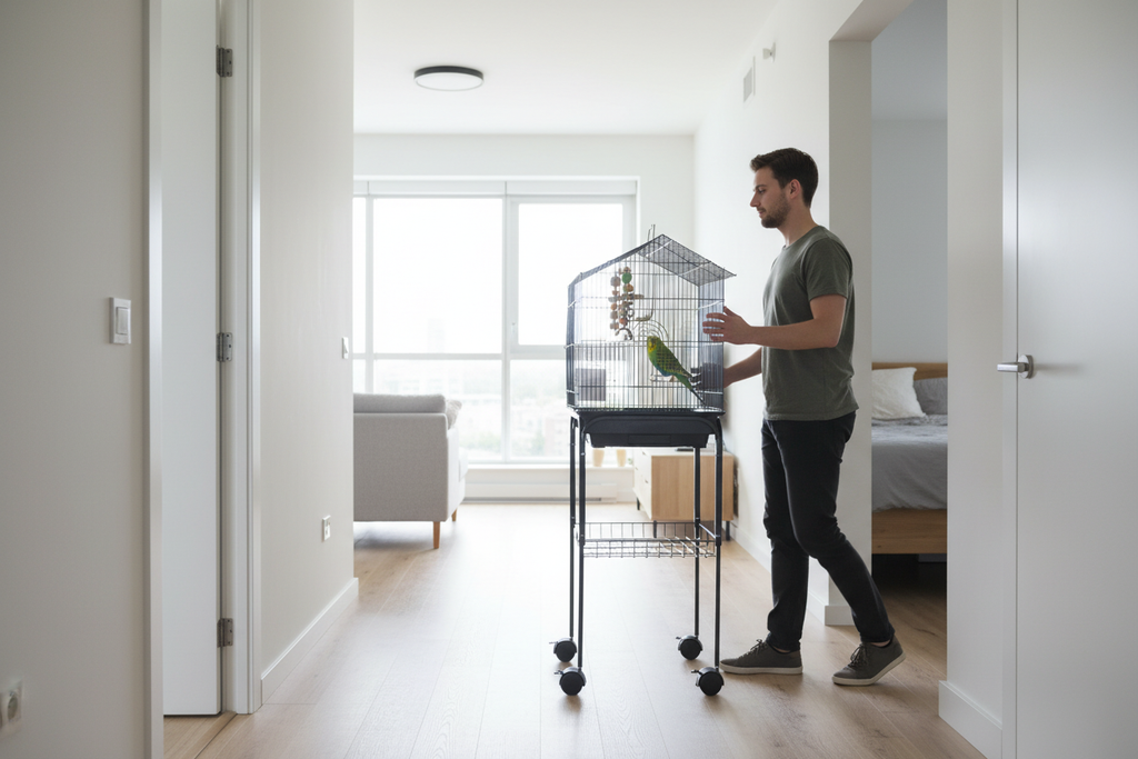 Support pour cage à oiseaux, roulettes pivotantes en mouvement