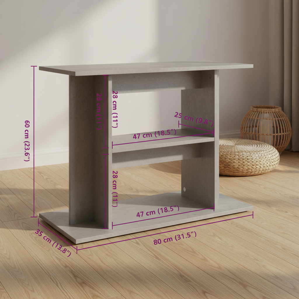 Meuble d'aquarium gris béton, vue sans aquarium