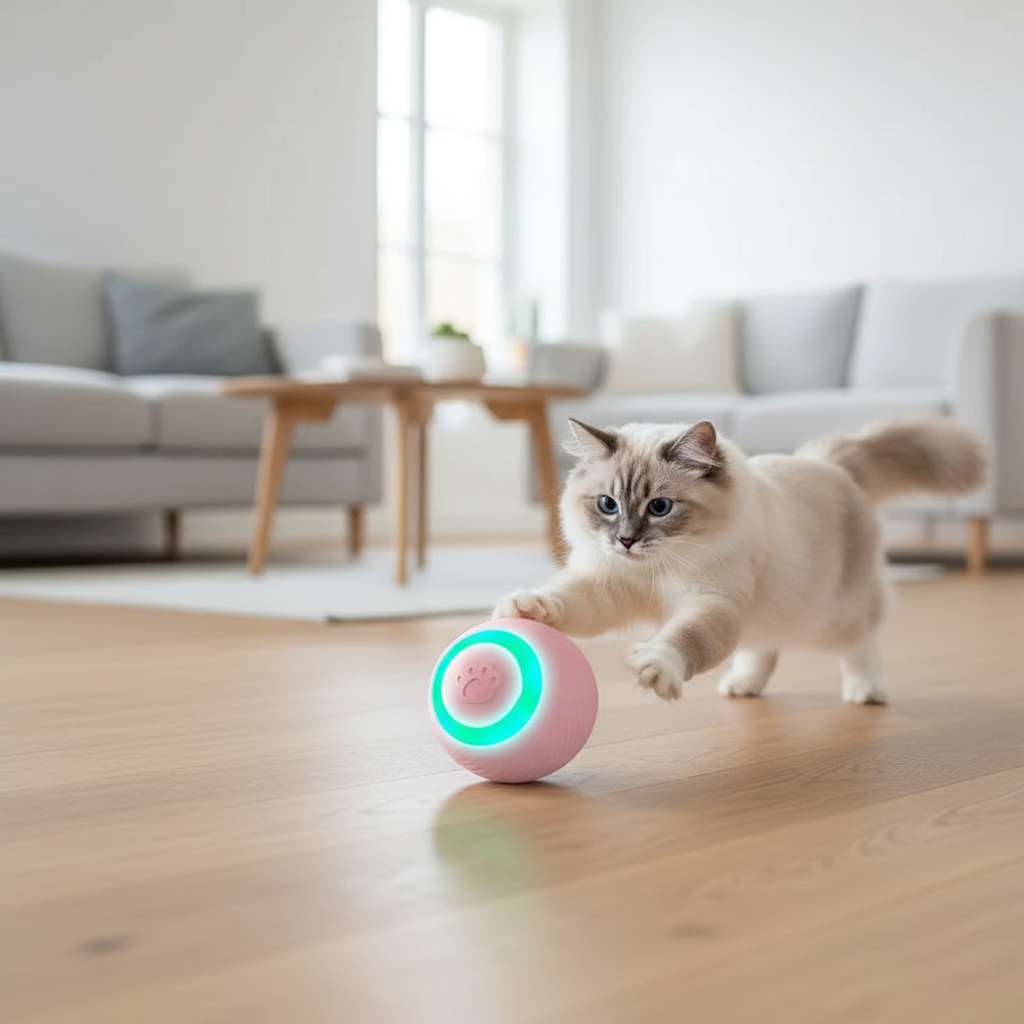 Jouet automatique rechargeable pour chat en situation, vue 3