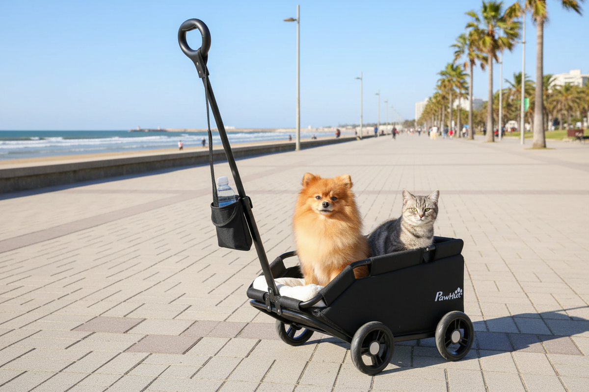 Poméranien et chat installés ensemble dans le chariot de balade