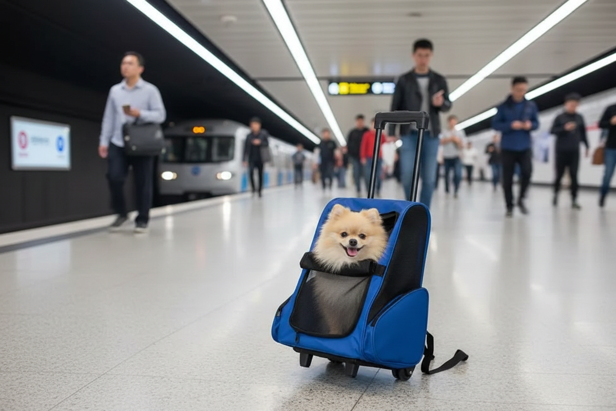 Poméranien dans le sac de transport à roulettes dans le métro