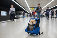 Poméranien dans le sac de transport à roulettes dans le métro