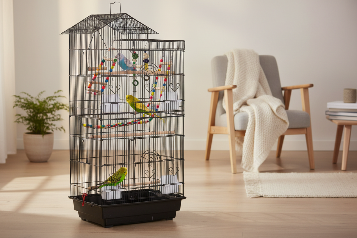 Trois perruches installées dans la cage à oiseaux