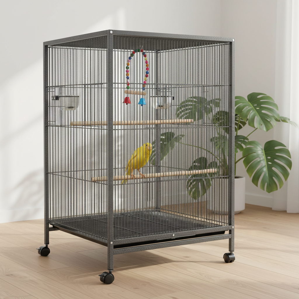 Cage à oiseaux sur roulettes avec balançoire