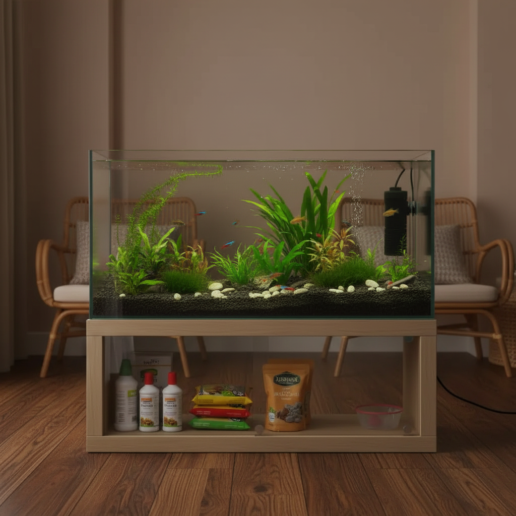 Détail du rangement de l'aquarium en verre