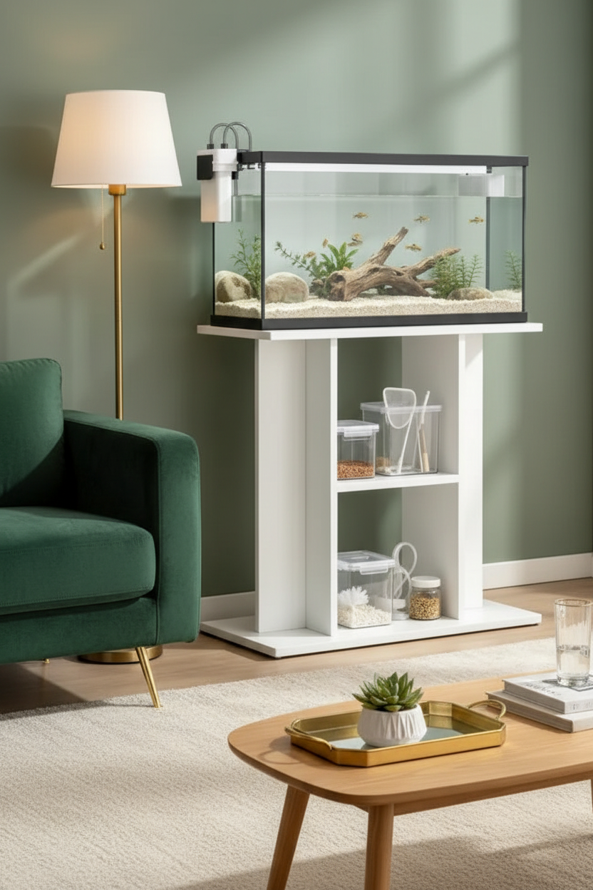 Meuble d'aquarium blanc - installé avec un aquarium