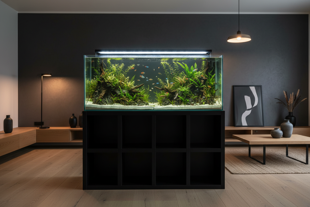 Meuble d'aquarium en bois - installé avec un aquarium
