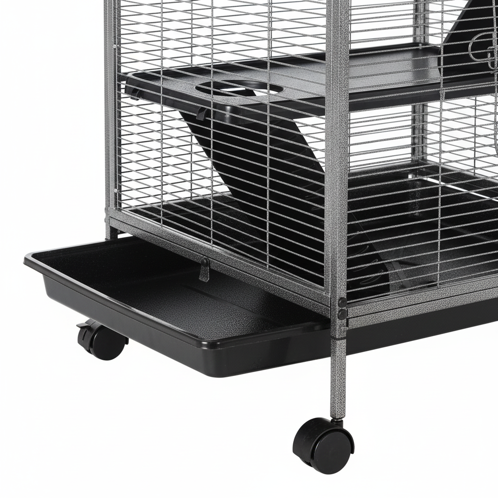 Cage 4 niveaux vue de face avec rampes et accessoires