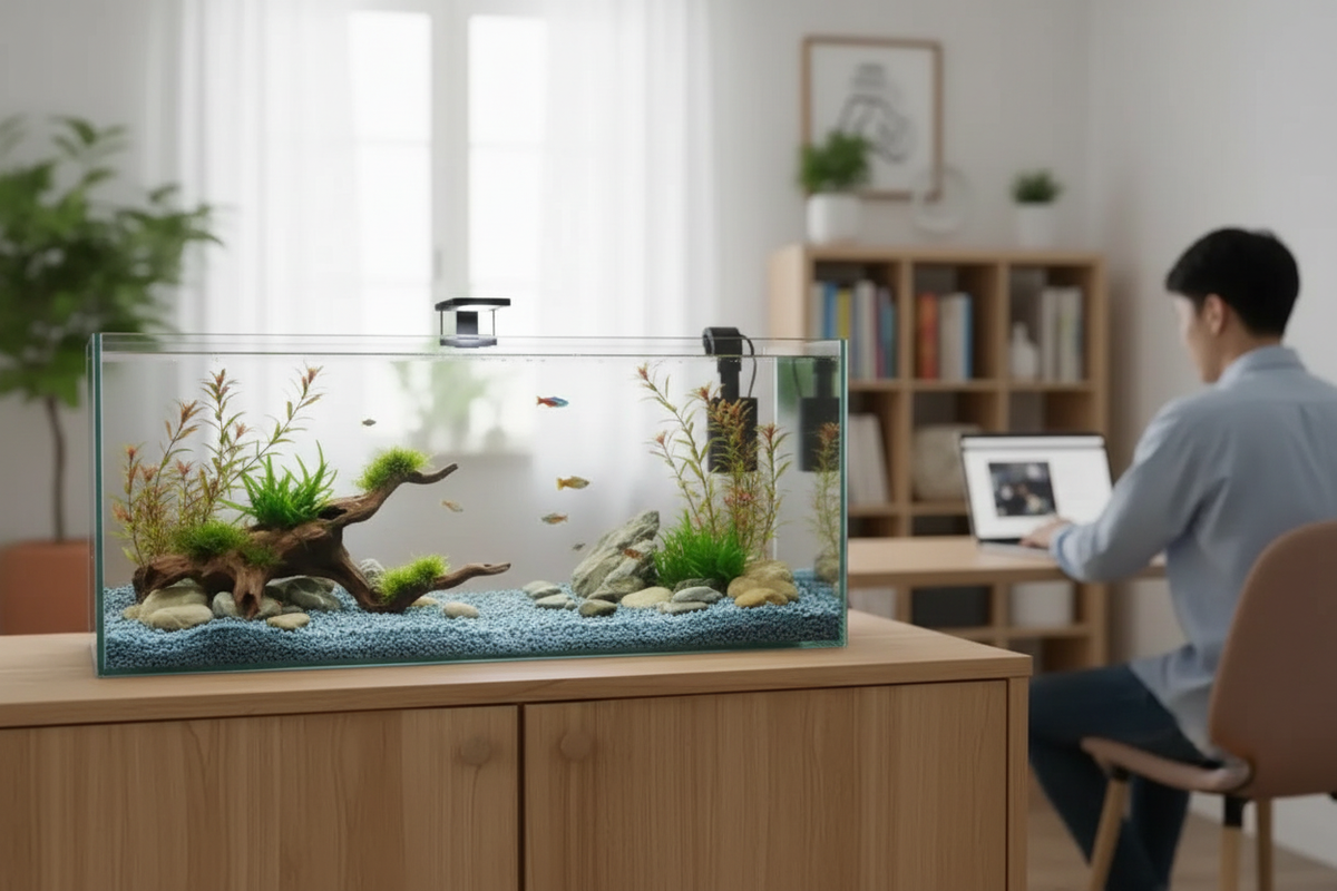 Vue de dessus de l'aquarium rectangulaire en verre