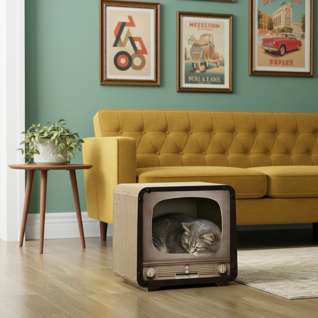 Griffoir carton design vintage pour chat, vue d'ensemble