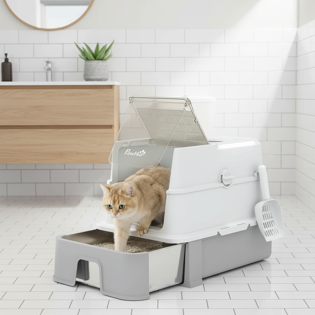 Bac à litière pour chat avec tiroir coulissant, gris