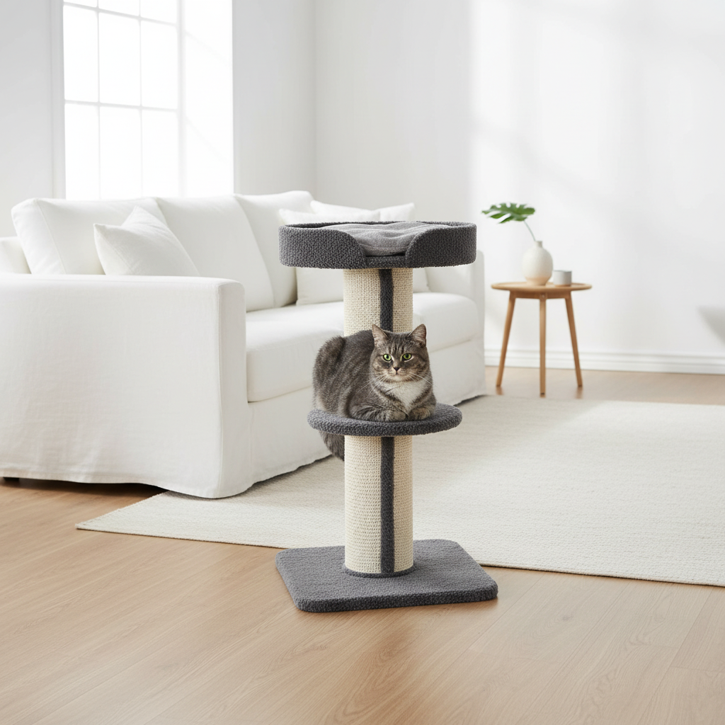 Arbre à chat en tissu bouclé, vue d'ensemble gris