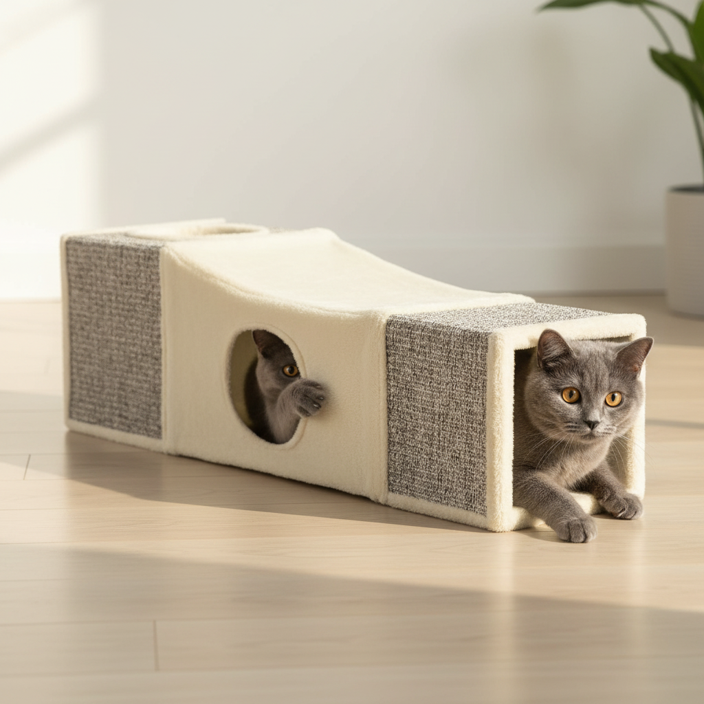 Tunnel en sisal pour chat avec balle de jeu