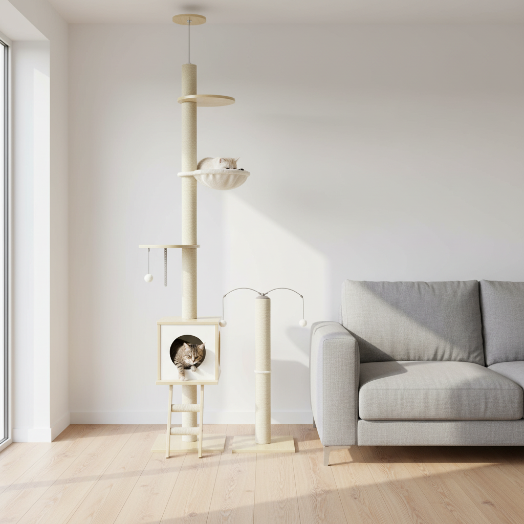 Arbre à chat plafond beige, vue d'ensemble