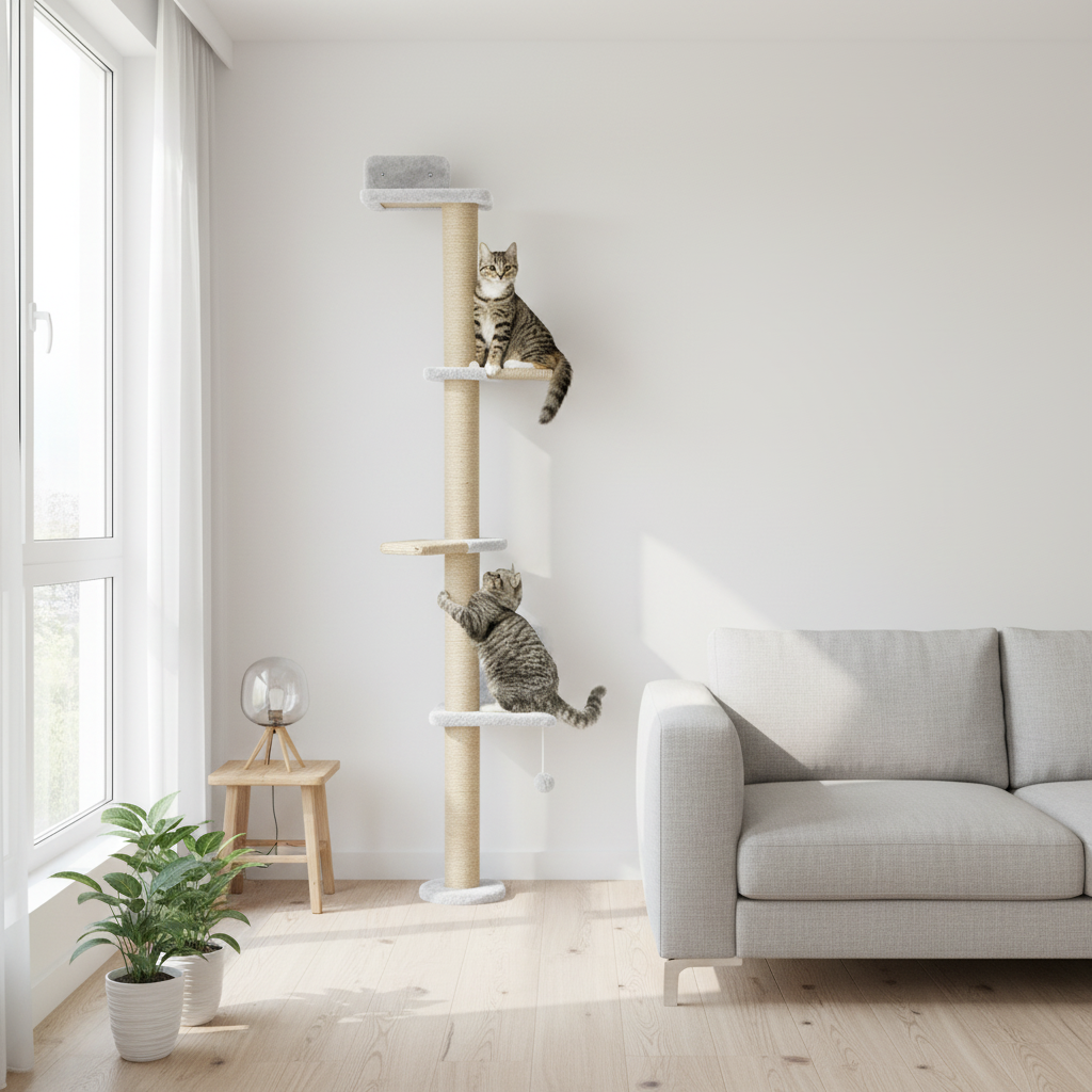 Étagères murales pour chat installées, vue d'ensemble