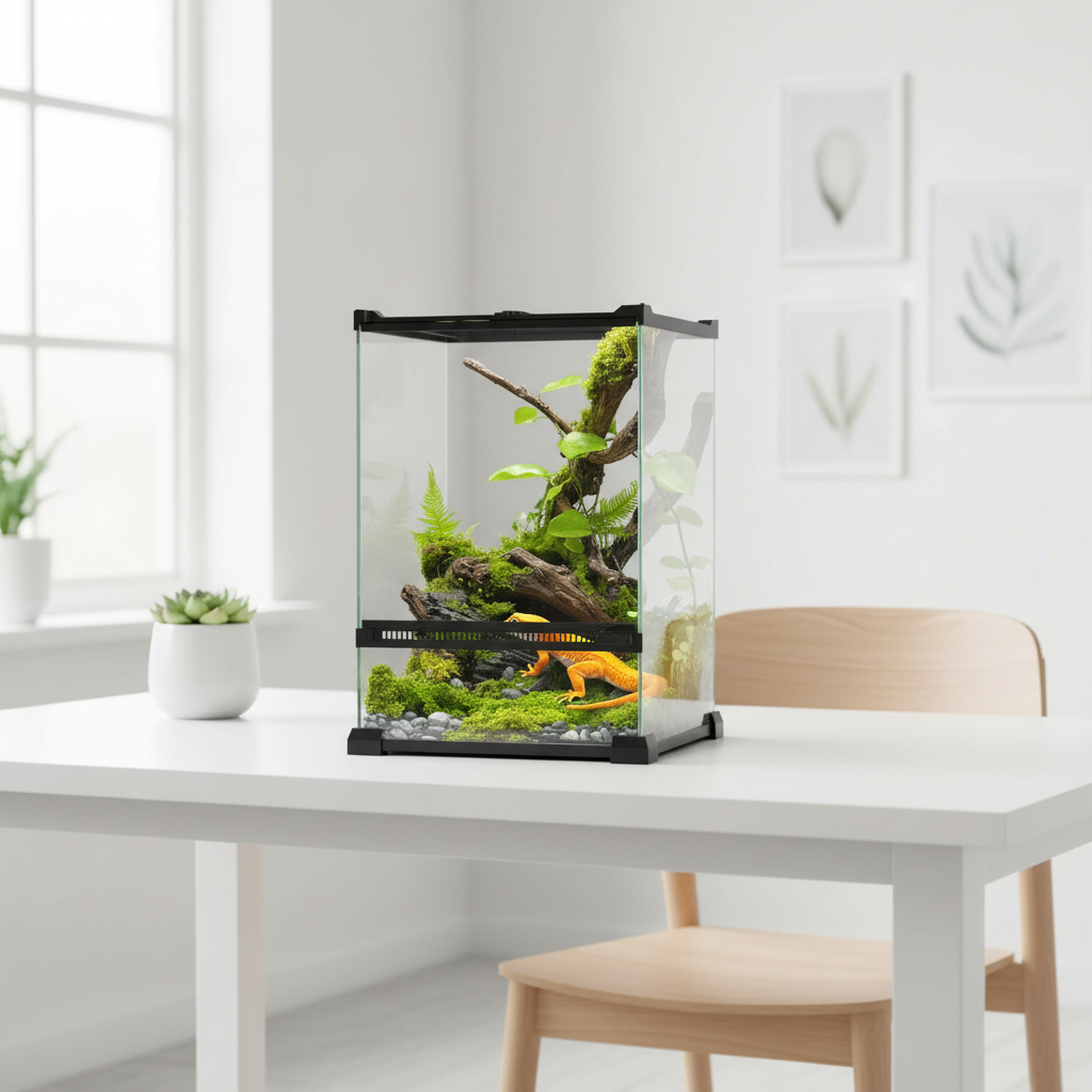 Petit terrarium en verre pour reptiles - vue du dessus