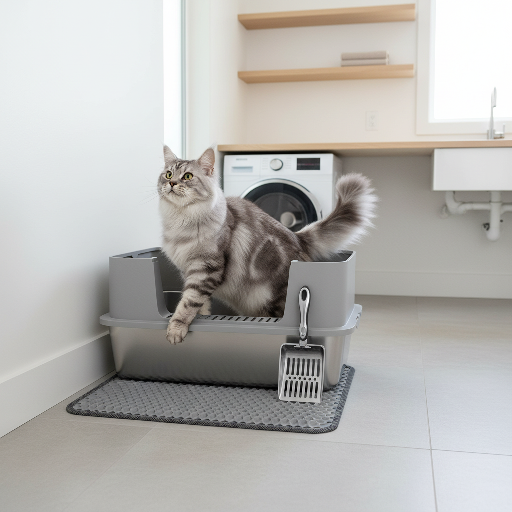 Bac à litière inox pour grand chat, vue de dessus