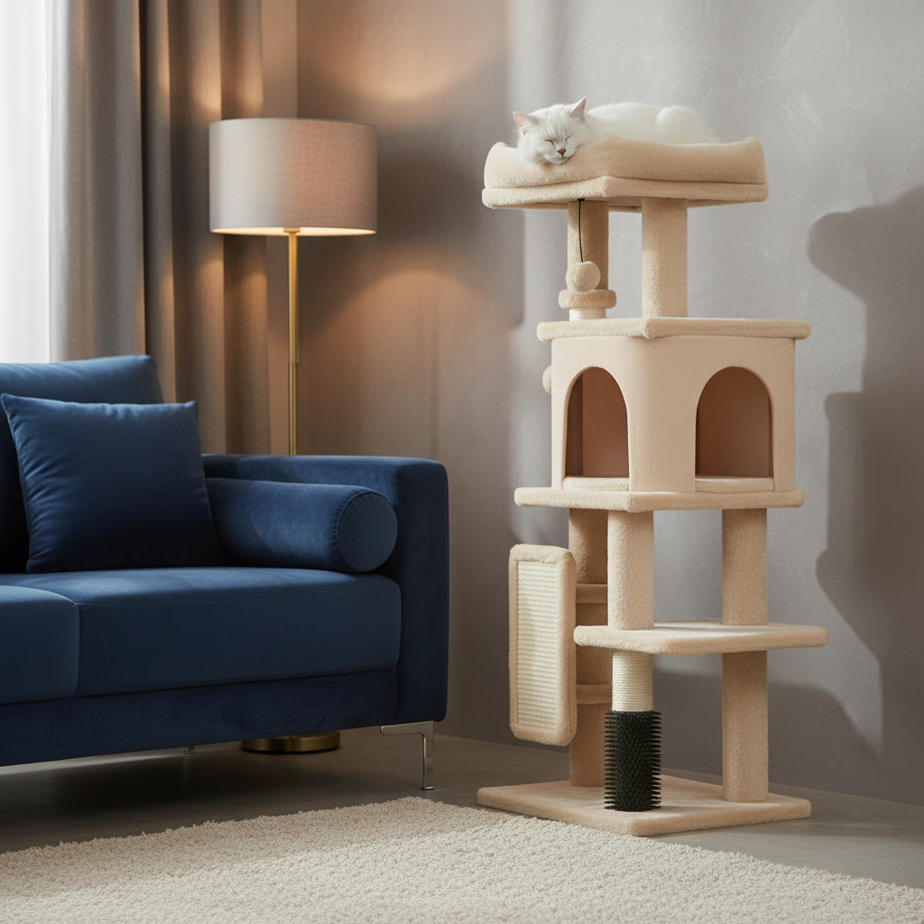 Arbre à chat tout-en-un beige, vue d'ensemble