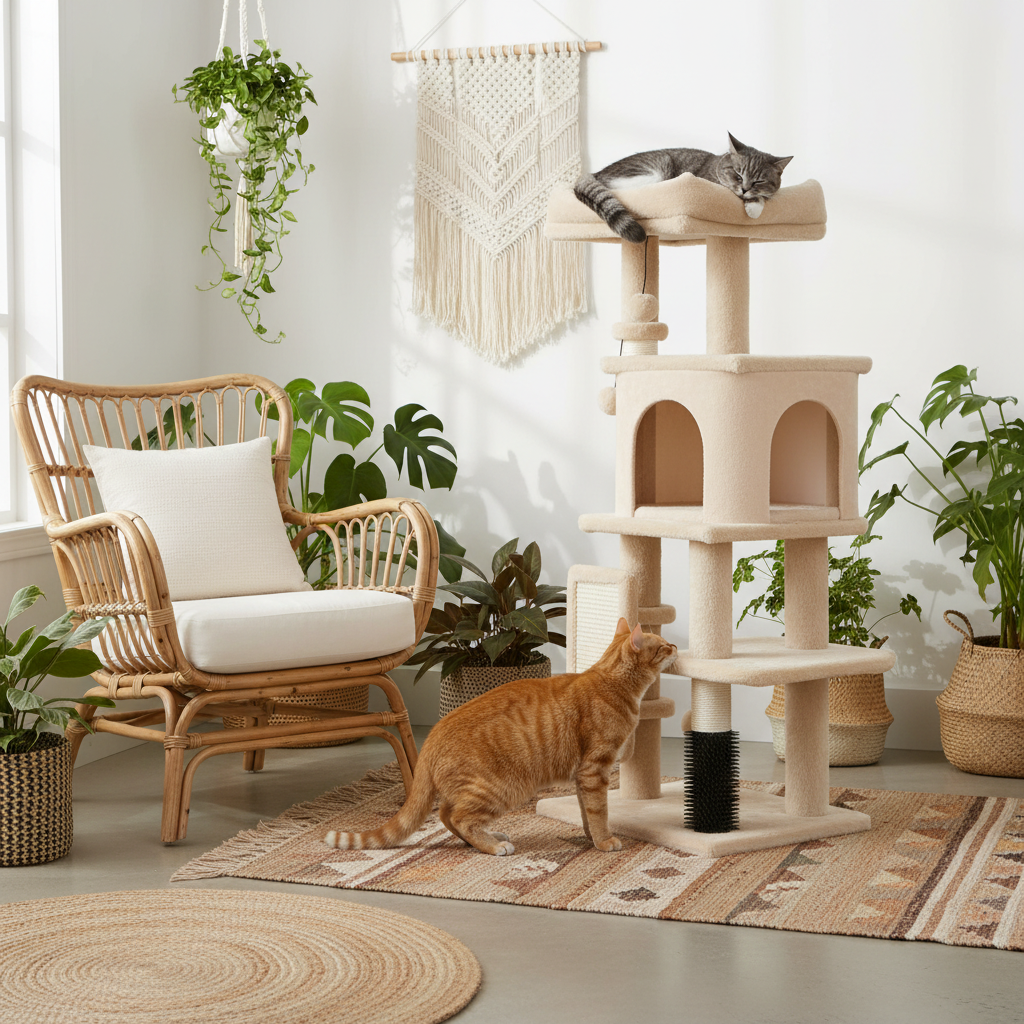 Arbre à chat tout-en-un - chat installé dans la niche