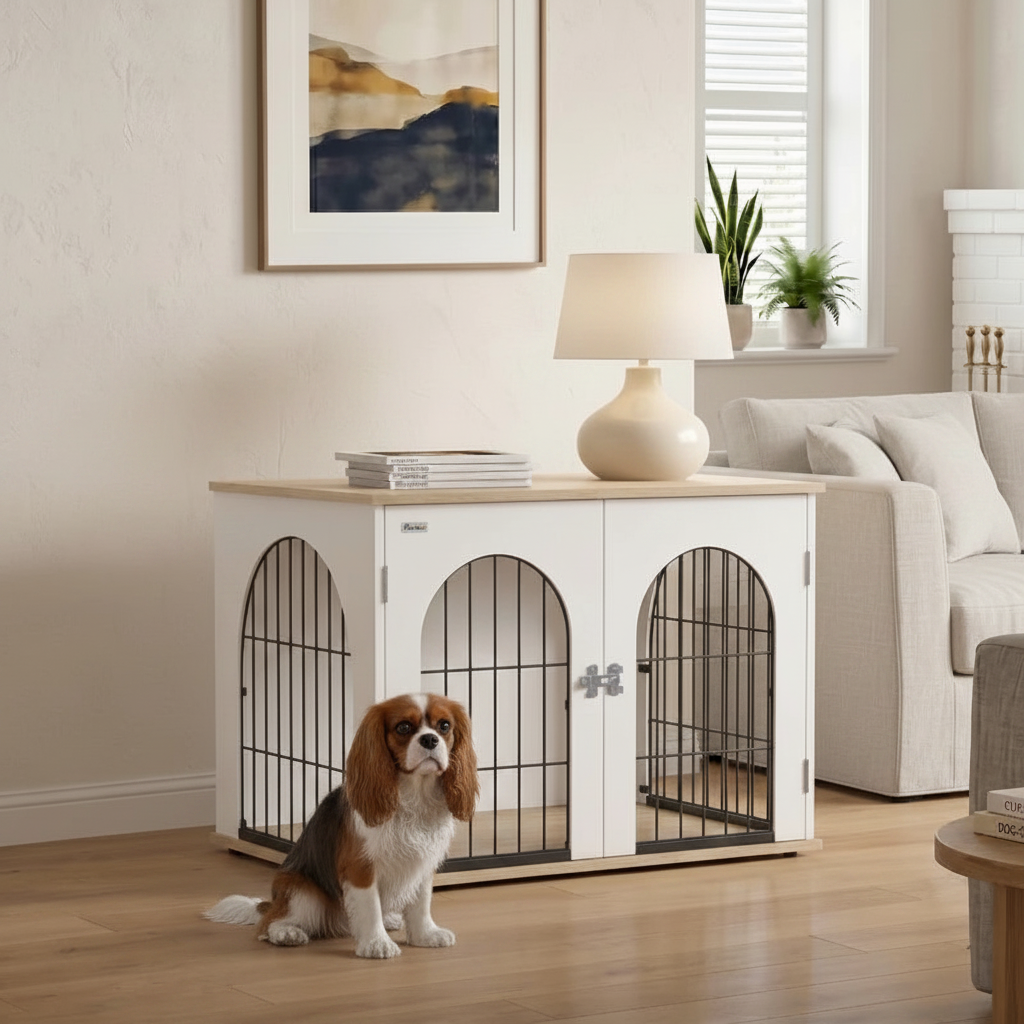 Cage pour chien blanche, vue d'ensemble