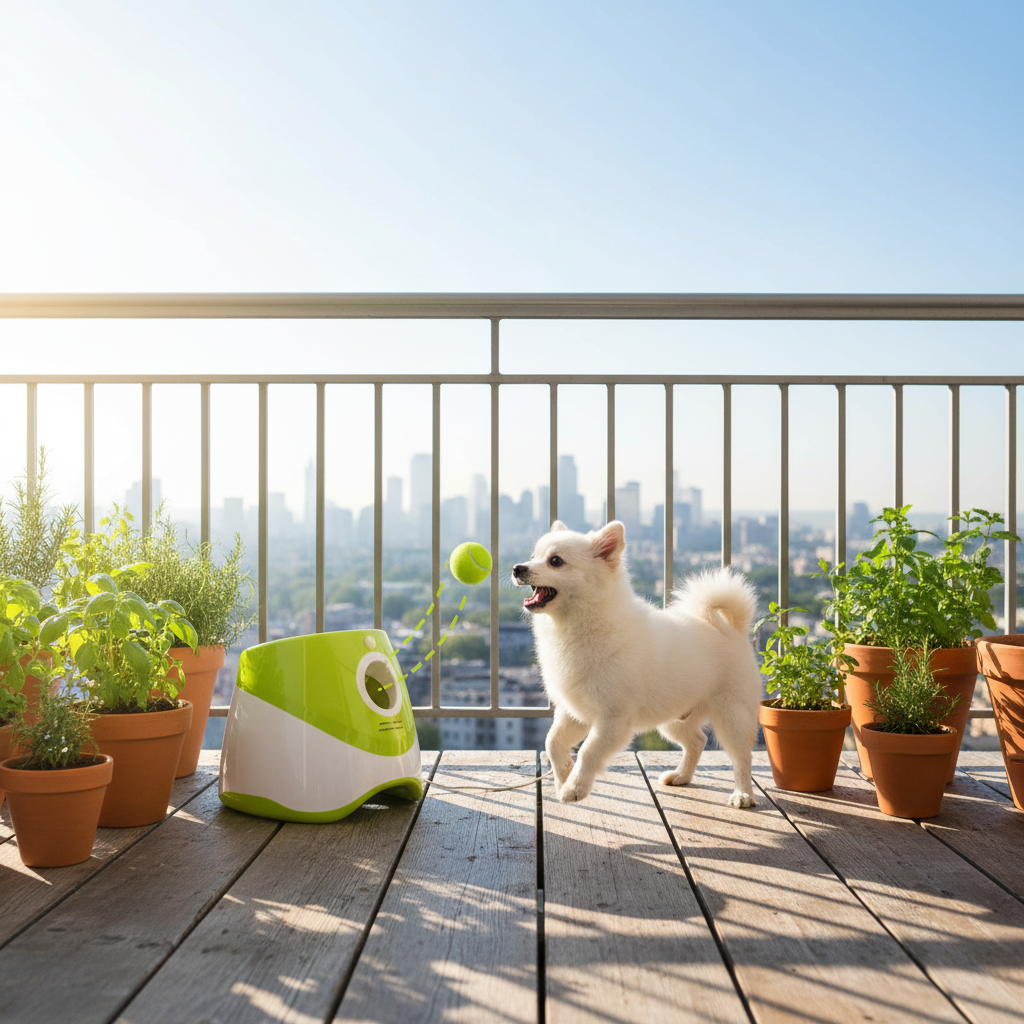 Chien jouant avec le lance-balles automatique