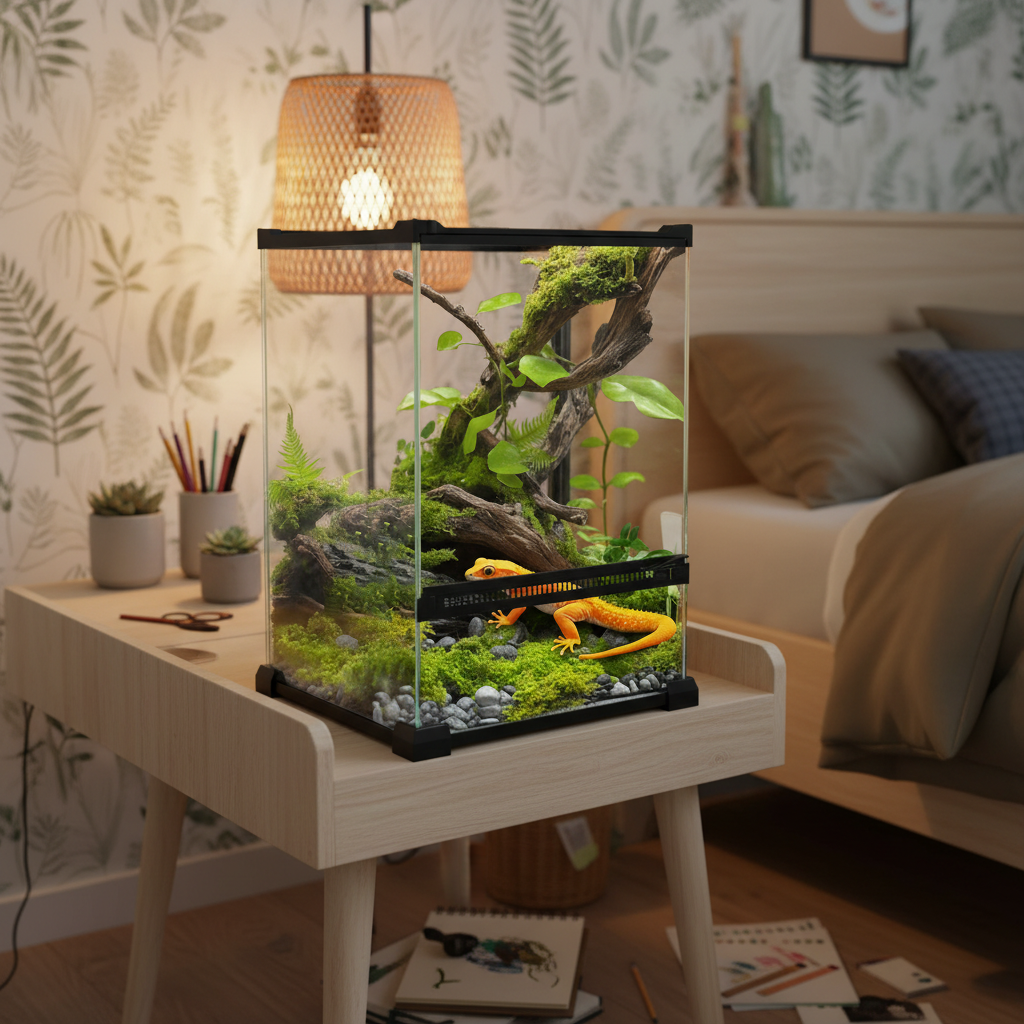 Terrarium en verre pour reptiles - détail du couvercle grillagé métal