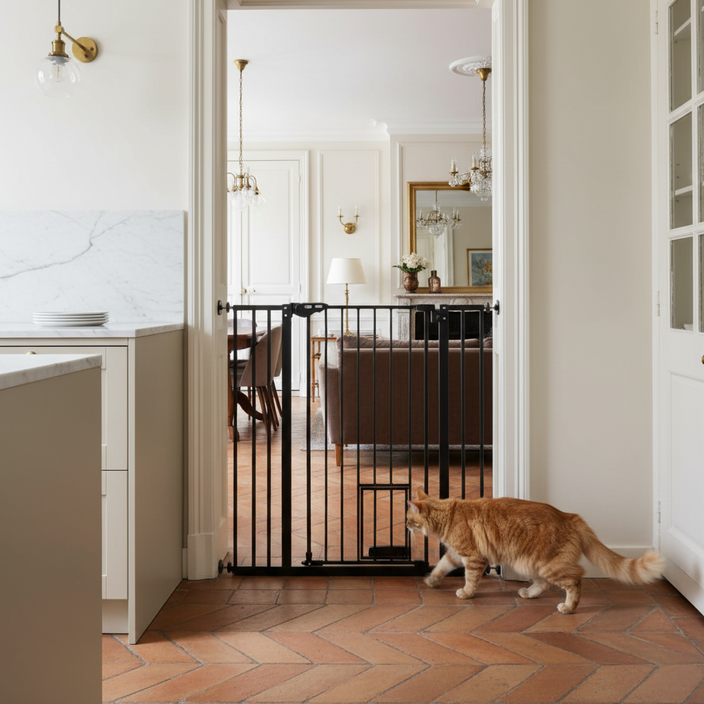 Barrière de sécurité avec porte pour chat installée dans un couloir