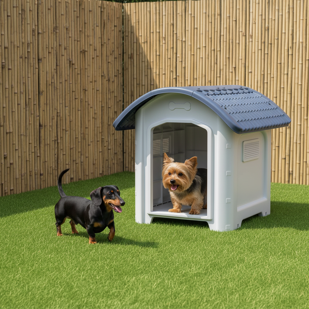Niche extérieure pour chien en plastique gris, vue de profil