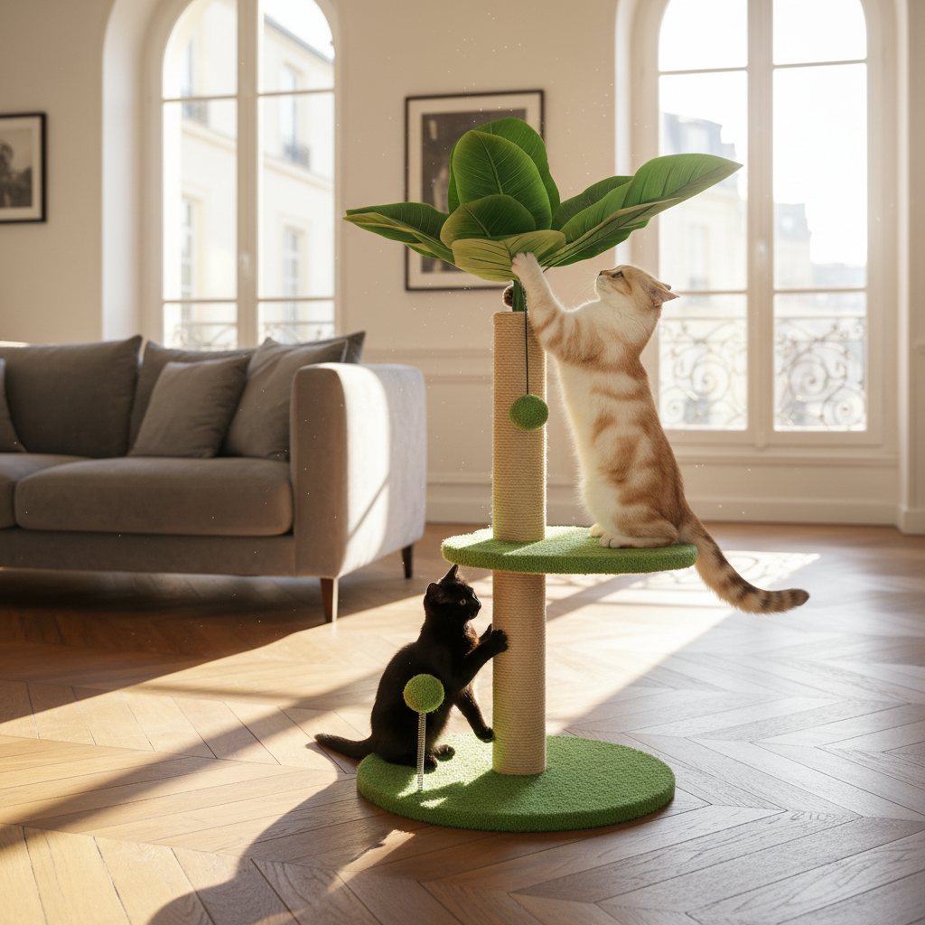 Chat grimpant sur l'arbre à chat en jute