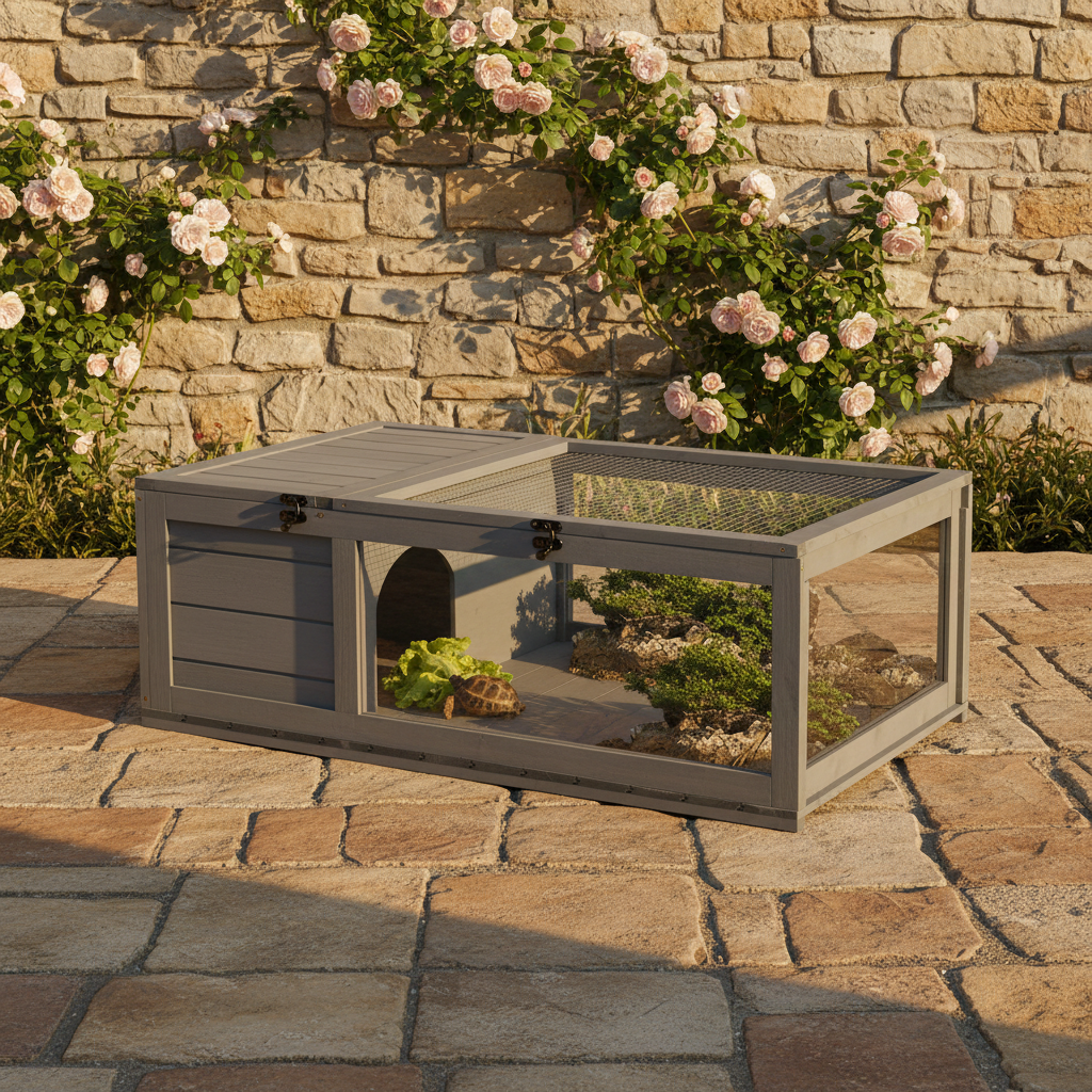 Enclos double espace en bois massif pour tortue - vue d'ensemble