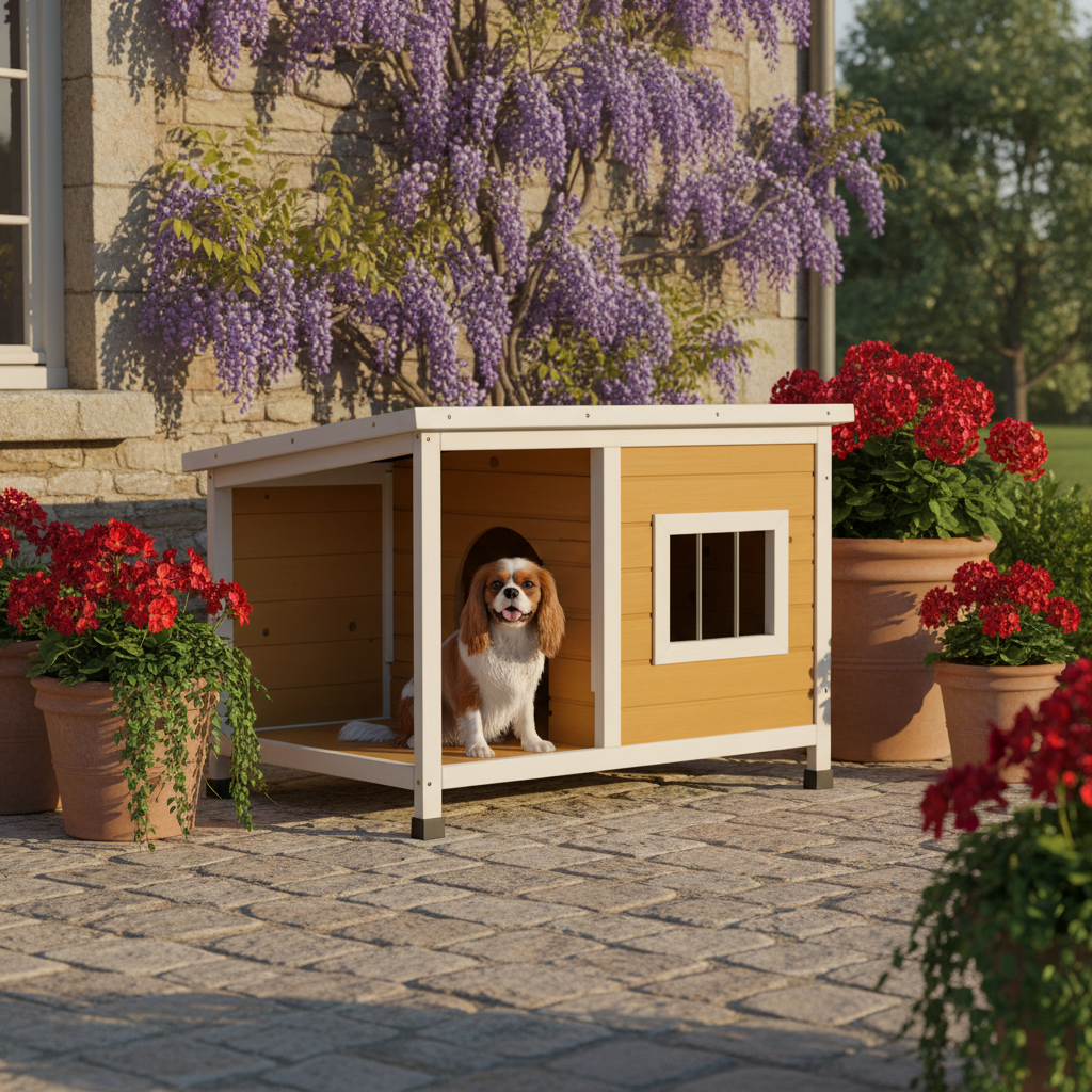 Niche en bois avec véranda pour chien, orange