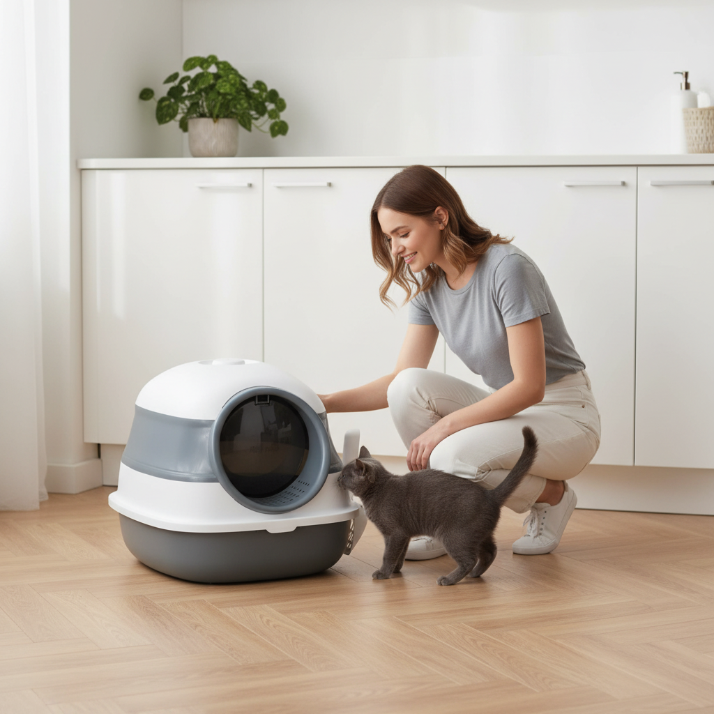 Maison de toilette pour chat, vue de face avec porte battante