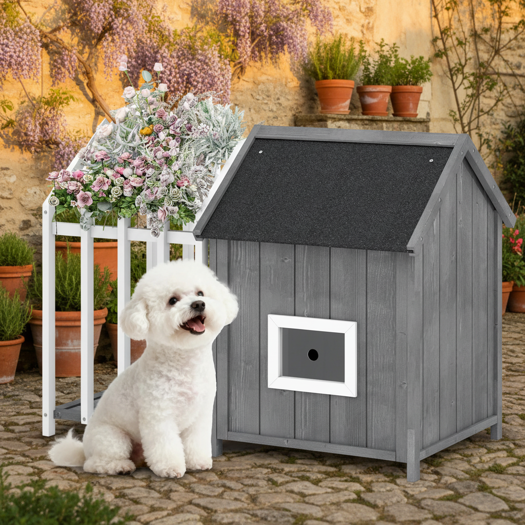 Niche en bois avec terrasse pour chien, gris