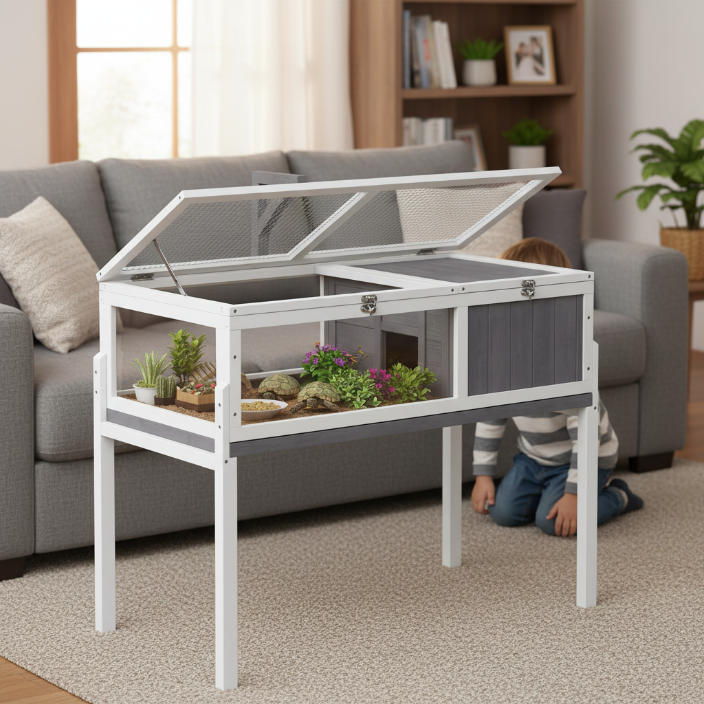 Enclos en bois pour tortue, vue d'ensemble